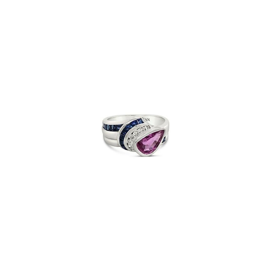 LeVian 18K White Gold Pink Sapphire Gemstone Round Diamond Classy Cocktail Ring