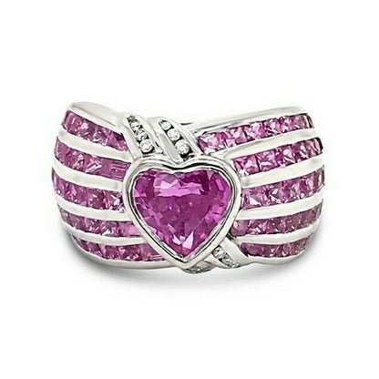 LeVian 18K White Gold Pink Sapphire Round Diamond Love Heart Cocktail Ring