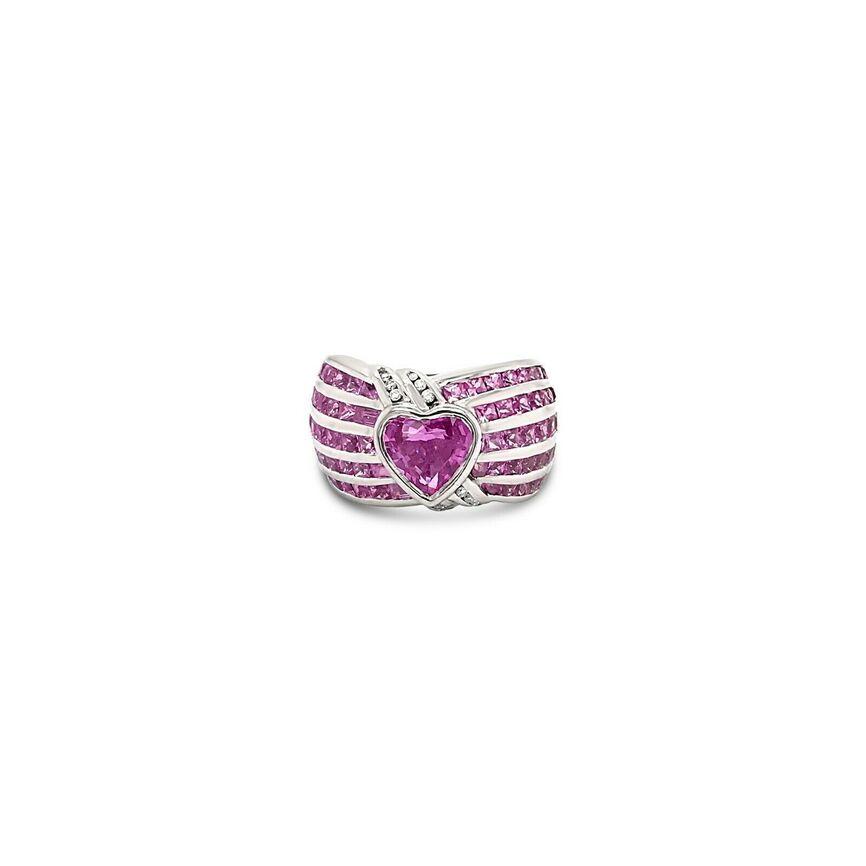 LeVian 18K White Gold Pink Sapphire Round Diamond Love Heart Cocktail Ring