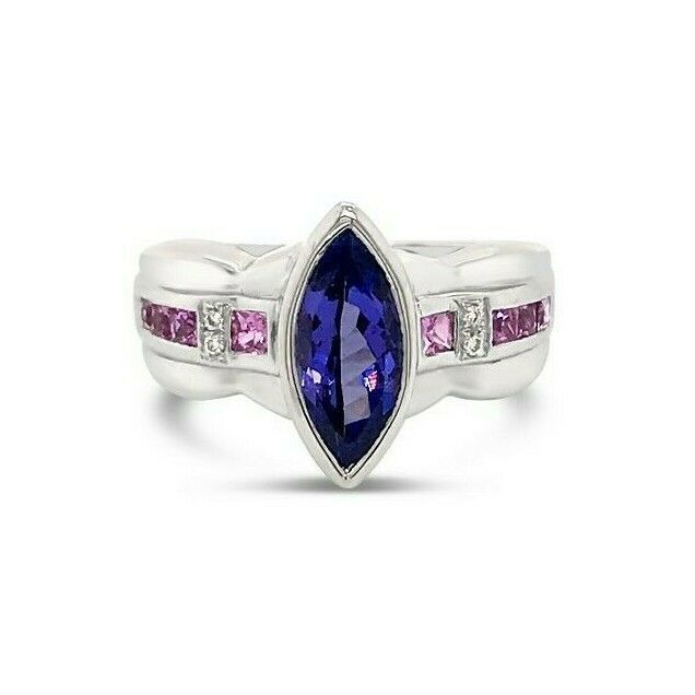 LeVian 18K White Gold Blue Tanzanite Pink Sapphire Diamond Accent Cocktail Ring