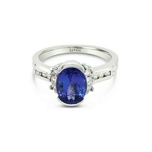 LeVian 14K White Gold Blue Purple Tanzanite Gemstone Round Diamond Cocktail Ring