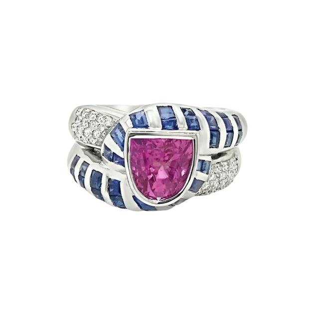 LeVian 18K White Gold Pink Blue Sapphire Round Diamond Bezel Classic Ring