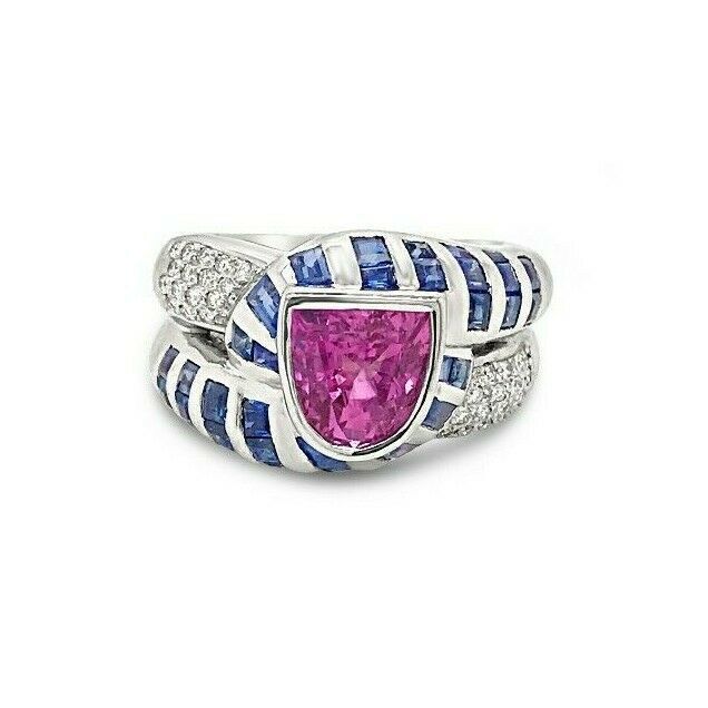 LeVian 18K White Gold Pink Blue Sapphire Round Diamond Bezel Classic Ring