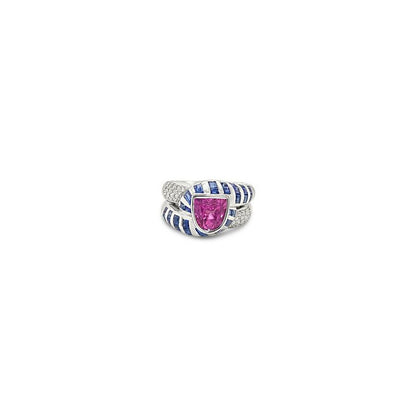 LeVian 18K White Gold Pink Blue Sapphire Round Diamond Bezel Classic Ring