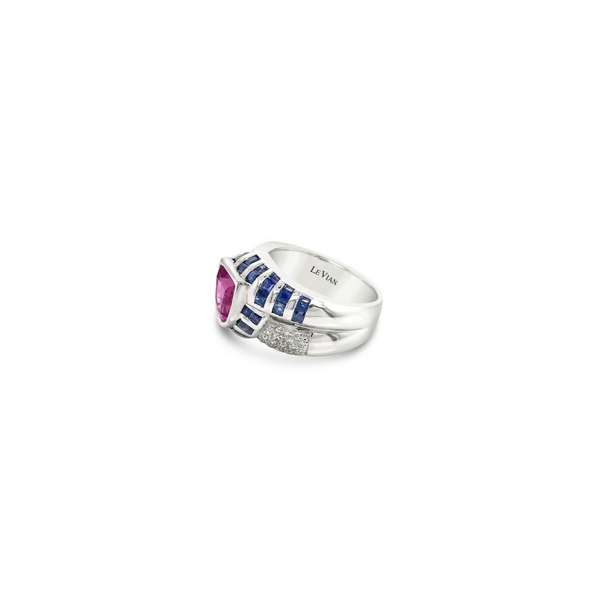 LeVian 18K White Gold Pink Blue Sapphire Round Diamond Bezel Classic Ring