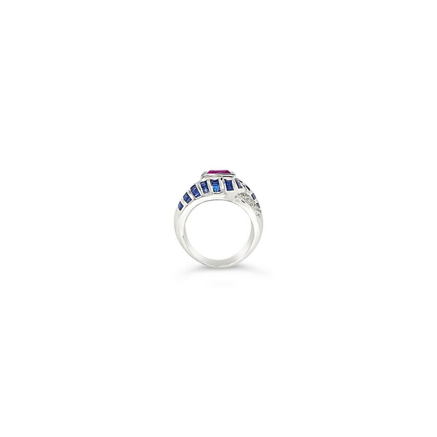 LeVian 18K White Gold Pink Blue Sapphire Round Diamond Bezel Classic Ring