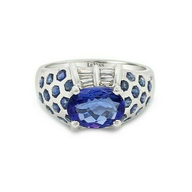 LeVian 18K White Gold Purple Blue Tanzanite Sapphire Round Diamond Cocktail Ring