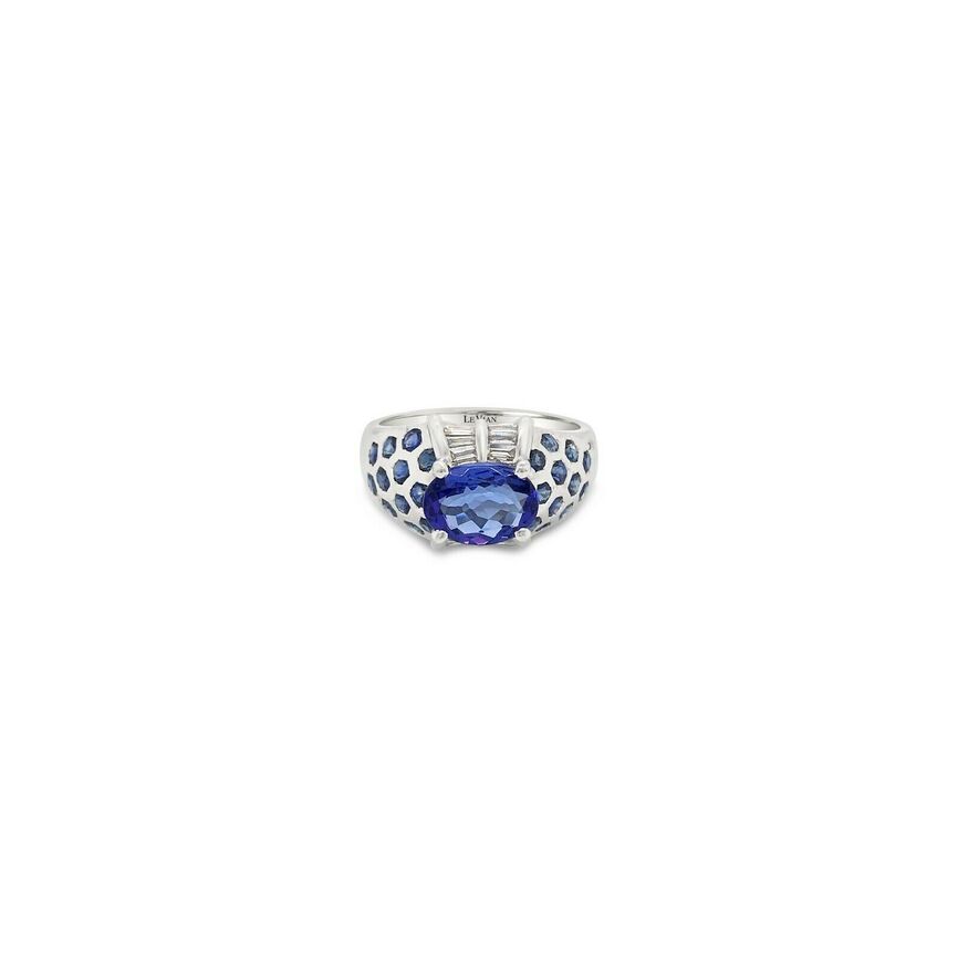 LeVian 18K White Gold Purple Blue Tanzanite Sapphire Round Diamond Cocktail Ring