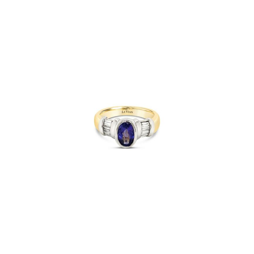 LeVian 18K Two Tone Gold Blue Purple Oval Tanzanite Baguette Diamond Classy Ring