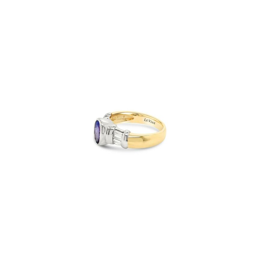 LeVian 18K Two Tone Gold Blue Purple Oval Tanzanite Baguette Diamond Classy Ring