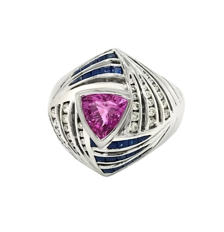 LeVian 18K White Gold Pink Blue Sapphire Round Diamond Cocktail Bezel Ring