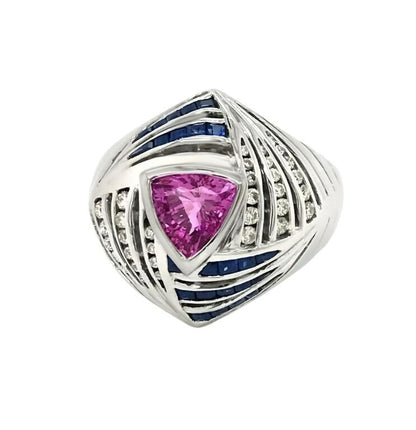 LeVian 18K White Gold Pink Blue Sapphire Round Diamond Cocktail Bezel Ring