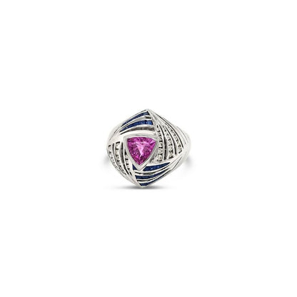 LeVian 18K White Gold Pink Blue Sapphire Round Diamond Cocktail Bezel Ring