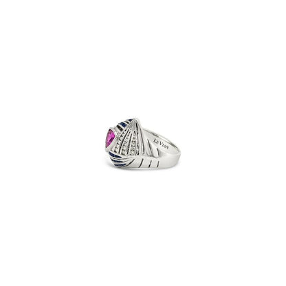 LeVian 18K White Gold Pink Blue Sapphire Round Diamond Cocktail Bezel Ring