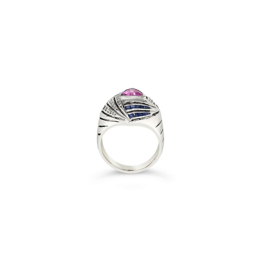 LeVian 18K White Gold Pink Blue Sapphire Round Diamond Cocktail Bezel Ring