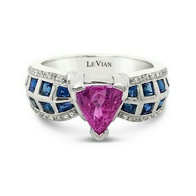 LeVian 18K White Gold Pink Blue Sapphire Round Diamond Bezel Cocktail Ring