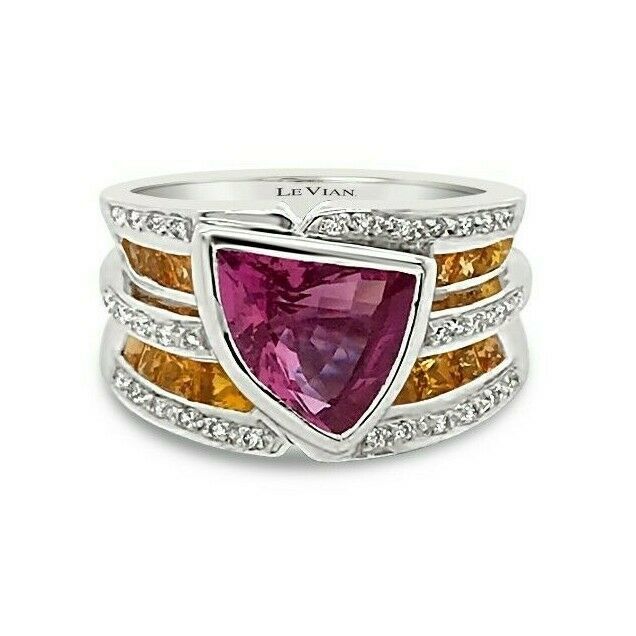 LeVian 18K White Gold Pink Yellow Sapphire Round Diamond Bezel Cocktail Ring