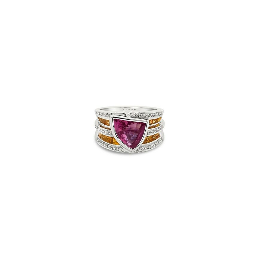 LeVian 18K White Gold Pink Yellow Sapphire Round Diamond Bezel Cocktail Ring