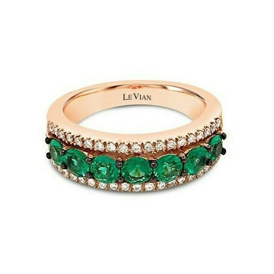 LeVian 14K Rose Gold Emerald Gemstone Round Diamond Multi Stone Ring Size 6.75