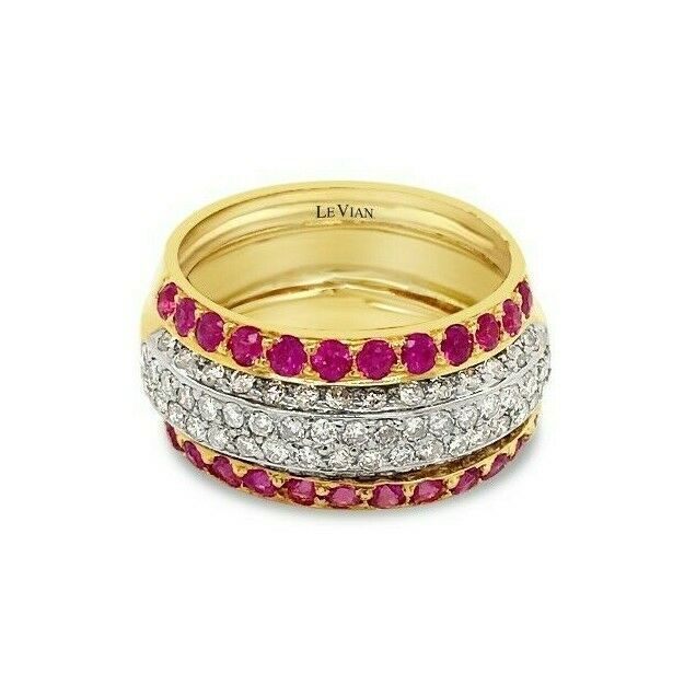 LeVian 18K Yellow Gold Red Pink Ruby Round Diamond Multi Row Channel Classy Ring