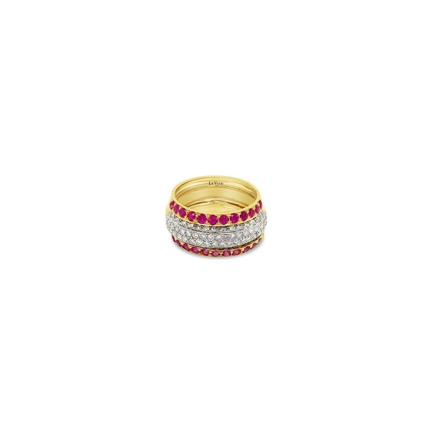 LeVian 18K Yellow Gold Red Pink Ruby Round Diamond Multi Row Channel Classy Ring