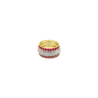 LeVian 18K Yellow Gold Red Pink Ruby Round Diamond Multi Row Channel Classy Ring