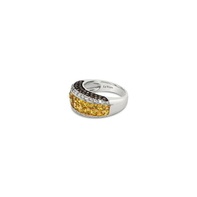 LeVian 14K White Gold Yellow Sapphire Round Brown Diamond Classy Multi Row Ring