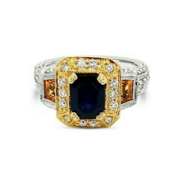 LeVian 14K Two Tone Gold Yellow & Blue Sapphire Round Diamond Halo Cocktail Ring