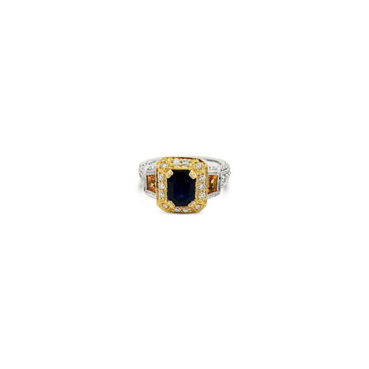 LeVian 14K Two Tone Gold Yellow & Blue Sapphire Round Diamond Halo Cocktail Ring