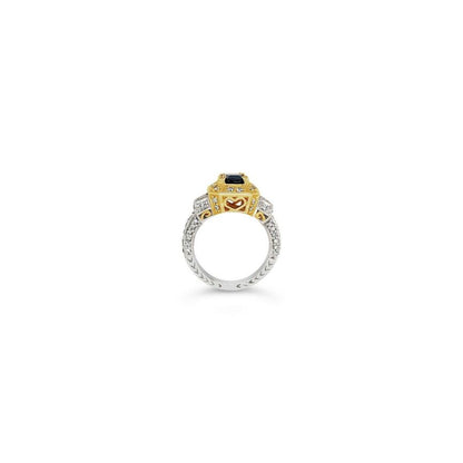 LeVian 14K Two Tone Gold Yellow & Blue Sapphire Round Diamond Halo Cocktail Ring