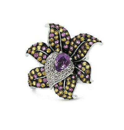 LeVian 14K White Gold Amethyst Multi Color Gemstone Classy Floral Cocktail Ring