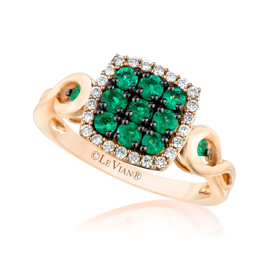 LeVian 14K Rose Gold Emerald Round Diamond Fancy Classic Cluster Cocktail Ring