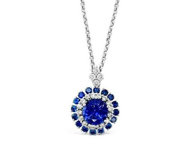 LeVian 18K White Gold Blue Sapphire Round Diamond Double Halo Pendant Necklace