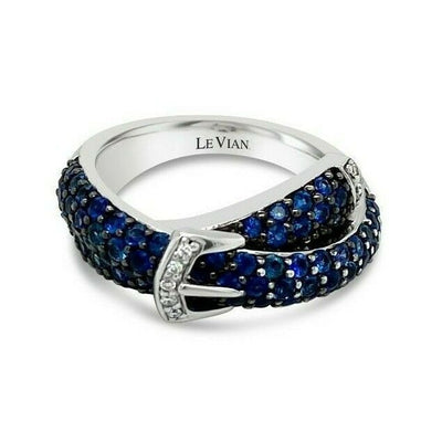 LeVian 14K White Gold Blue Ceylon Sapphire Round Diamond Cocktail Buckle Ring
