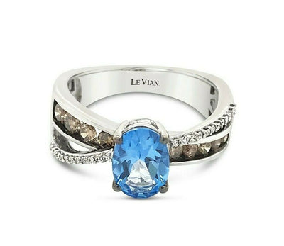 LeVian Ring Blue Topaz Vanilla Diamonds Chocolate Diamonds 14K White Gold