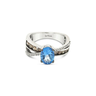 LeVian Ring Blue Topaz Vanilla Diamonds Chocolate Diamonds 14K White Gold
