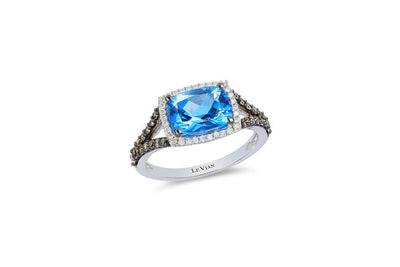 LeVian Ring Blue Topaz White Diamonds Chocolate Diamonds 14K White Gold