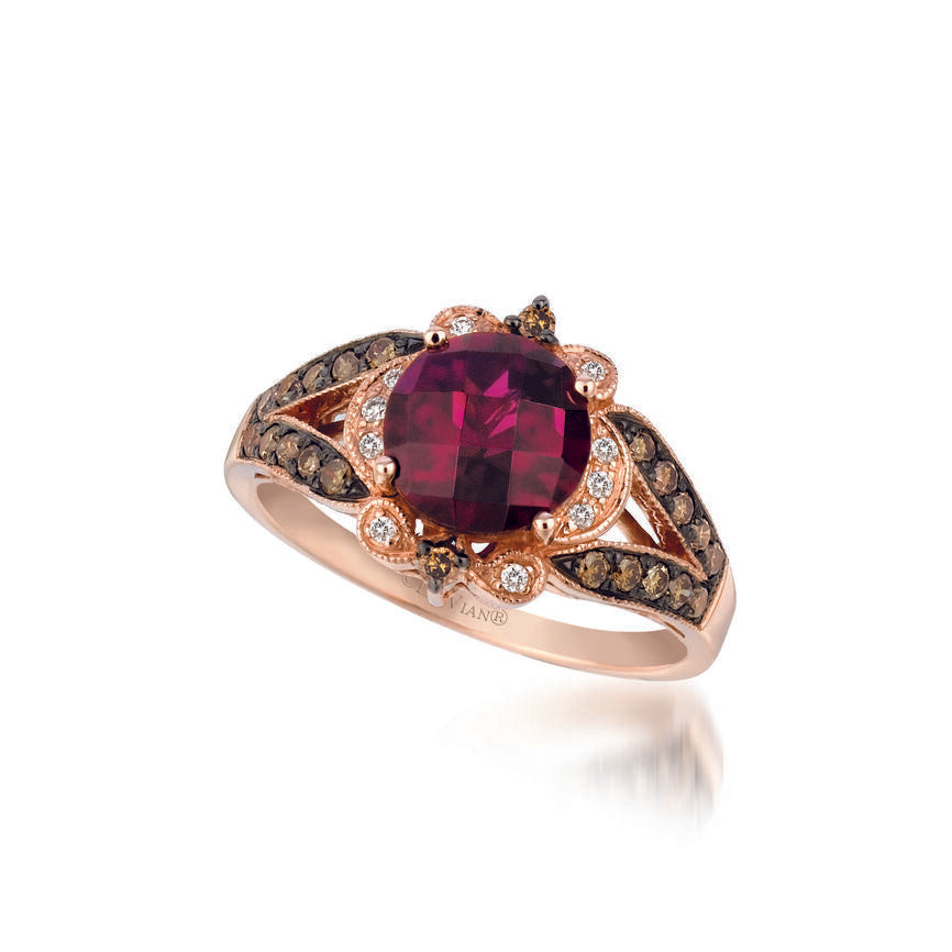 LeVian 14K Rose Gold Rhodolite Garnet Round Brown Diamond Pretty Cocktail Ring