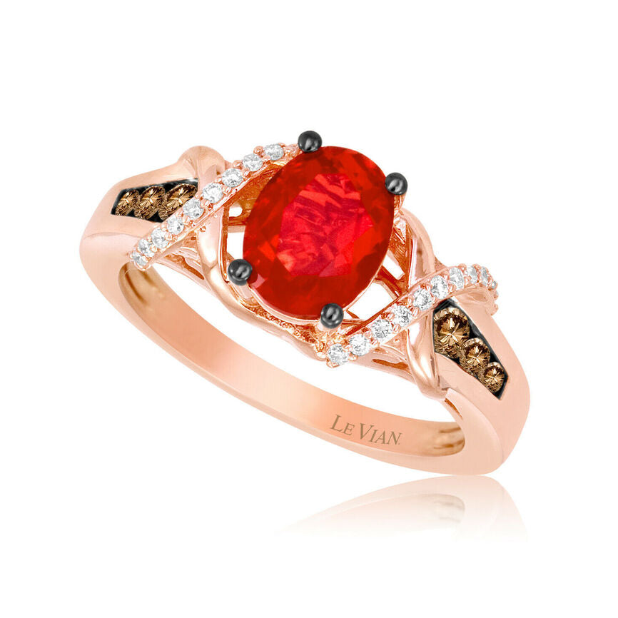 LeVian 14K Rose Gold Fire Opal Round Brown Diamond Classic Pretty Cocktail Ring