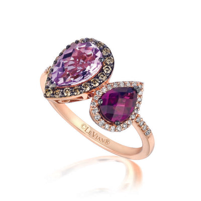 LeVian 14K Rose Gold Pink Amethyst Rhodolite Garnet Brown Diamond Halo Ring