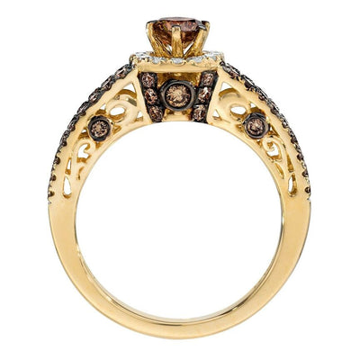LeVian 14K Yellow Gold Round Chocolate Brown Diamond Halo Bridal Wedding Ring
