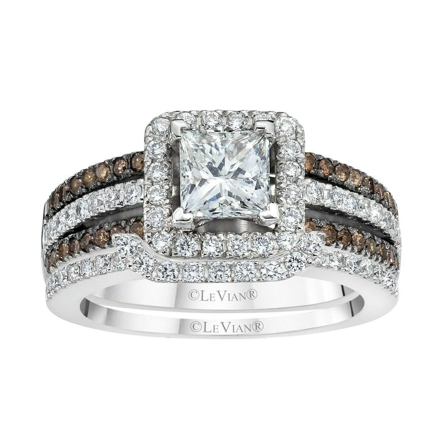 LeVian 14K White Gold Princess Round Chocolate Brown Diamond Wedding Halo Ring