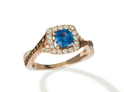 LeVian 14K Rose Gold Ceylon Sapphire Round Brown Diamond Pretty Bridal Halo Ring