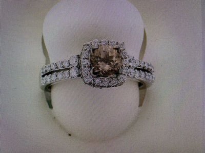 LeVian 14K White Gold Morganite Round Brown Diamond Split Shank Bridal Halo Ring