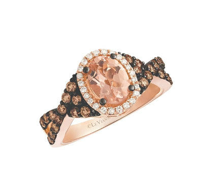 LeVian 14K Rose Gold Morganite Round Chocolate Brown Diamond Bridal Halo Ring