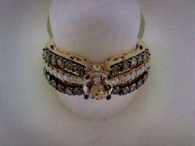 LeVian 14K Yellow Gold Pink Morganite Round Brown Diamond Multi Row Bridal Ring
