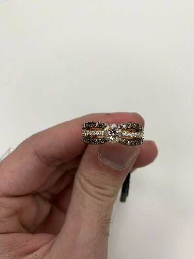 LeVian 14K Yellow Gold Pink Morganite Round Brown Diamond Multi Row Bridal Ring