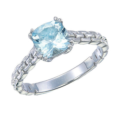 .925 Sterling Silver 7mm Square Cushion Cut Blue Aquamarine Statement Ring with Link Style Band - Size 5