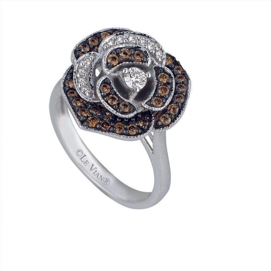 LeVian 14K White Gold Round Brown Chocolate Diamond Beautiful Pretty Flower Ring