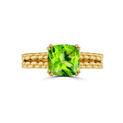 14K Yellow Gold Plated .925 Sterling Silver 8mm Square Cushion Cut Green Peridot Link Embroidery Stitch Motif Split Shank Statement Ring - Size 5